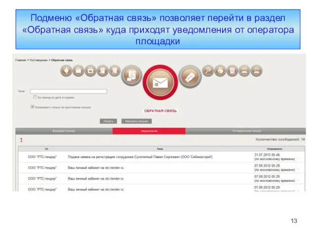 Подменю «Обратная связь» позволяет перейти в раздел «Обратная связь» куда приходят уведомления от оператора площадки