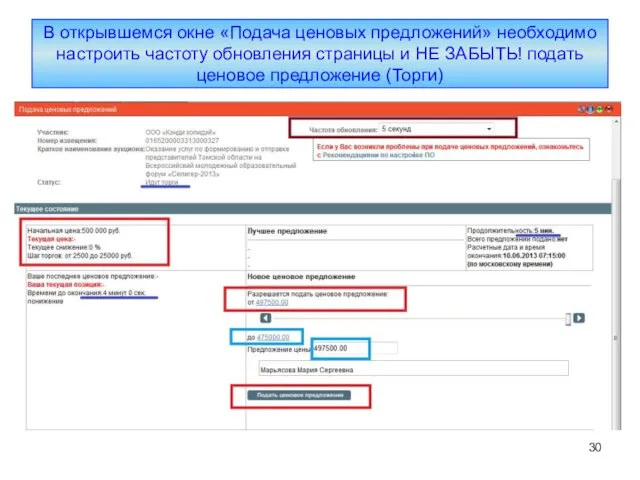 В открывшемся окне «Подача ценовых предложений» необходимо настроить частоту обновления страницы