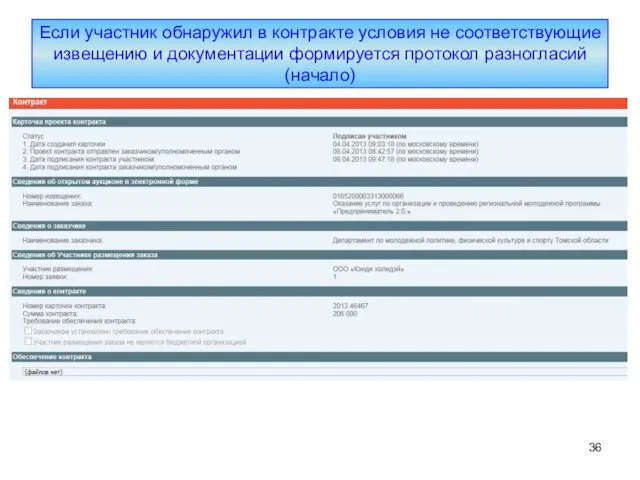 Если участник обнаружил в контракте условия не соответствующие извещению и документации формируется протокол разногласий (начало)