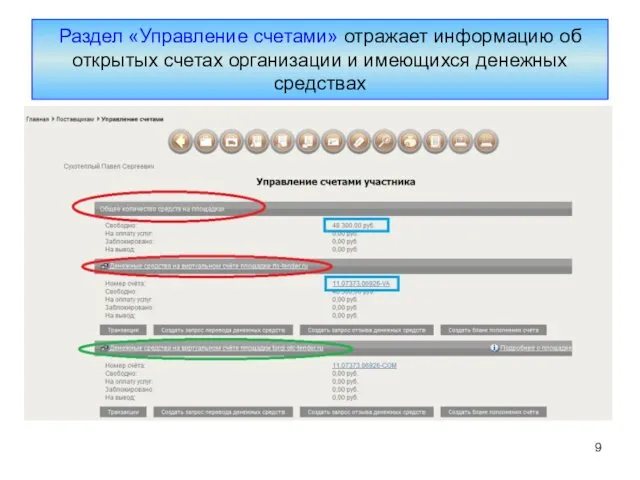 Раздел «Управление счетами» отражает информацию об открытых счетах организации и имеющихся денежных средствах