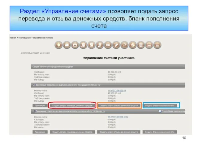 Раздел «Управление счетами» позволяет подать запрос перевода и отзыва денежных средств, бланк пополнения счета