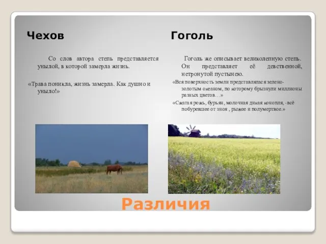 Различия Чехов Гоголь Со слов автора степь представляется унылой, в которой