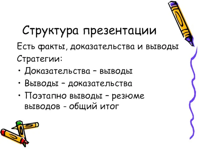 Структура презентации Есть факты, доказательства и выводы Стратегии: Доказательства – выводы