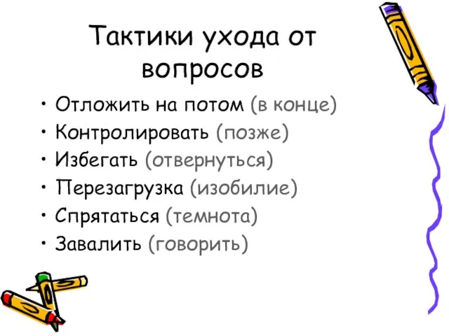 Тактики ухода от вопросов Отложить на потом (в конце) Контролировать (позже)