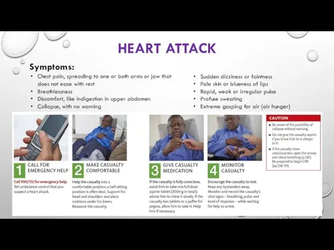 HEART ATTACK Symptoms: Chest pain, spreading to one or both arms