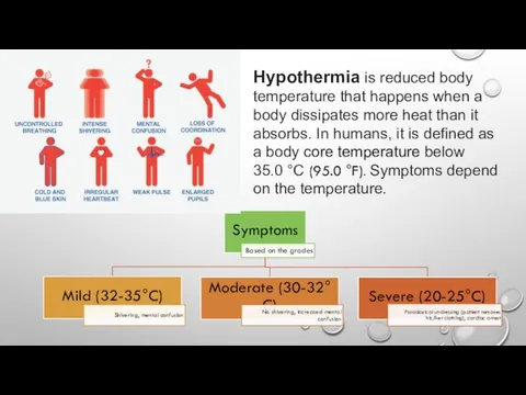 Hypothermia is reduced body temperature that happens when a body dissipates