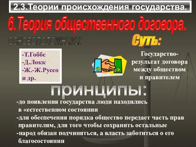 2.3.Теории происхождения государства. 6.Теория общественного договора. основоположники: -Т.Гоббс -Д.Локк -Ж.-Ж.Руссо и