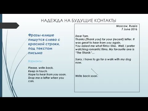 НАДЕЖДА НА БУДУЩИЕ КОНТАКТЫ Фразы-клише пишутся слева с красной строки, под