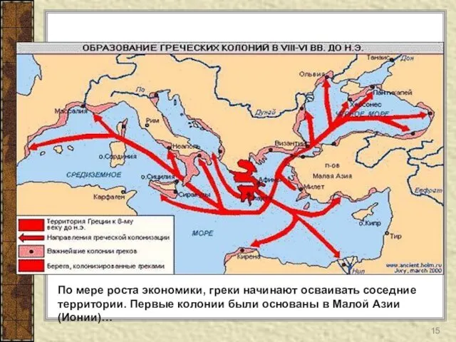 По мере роста экономики, греки начинают осваивать соседние территории. Первые колонии