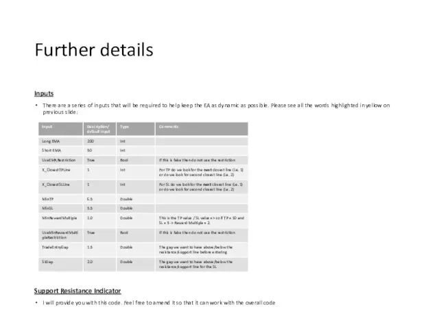 Further details Inputs There are a series of inputs that will