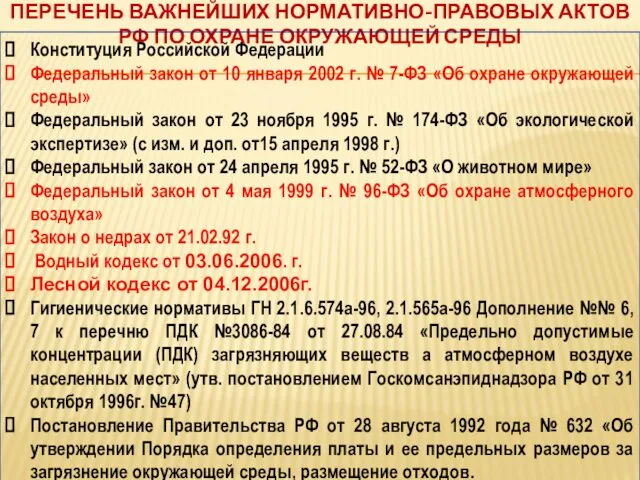 ПЕРЕЧЕНЬ ВАЖНЕЙШИХ НОРМАТИВНО-ПРАВОВЫХ АКТОВ РФ ПО ОХРАНЕ ОКРУЖАЮЩЕЙ СРЕДЫ Конституция Российской