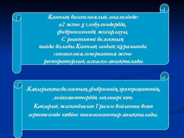 .Қанның биохимиялық анализінде: а2 және g глобулиндердің, фибриногеннің жоғарлауы, С реактивті