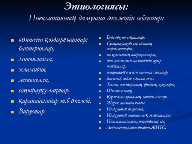 Этиологиясы: Пневмонияның дамуына әкелетін себептер: көптеген қоздырғыштар: бактериялар, микоплазма, хламидия, легионелла,