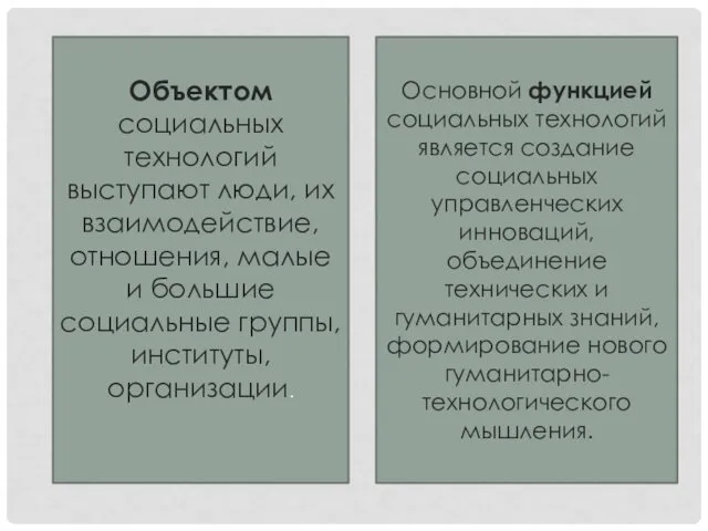 Объектом социальных технологий выступают люди, их взаимодействие, отношения, малые и большие