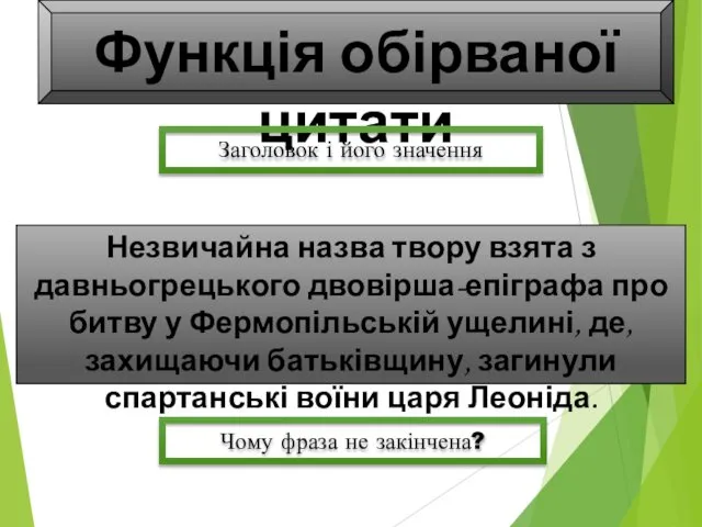 Незвичайна назва твору взята з давньогрецького двовірша-епіграфа про битву у Фермопільській