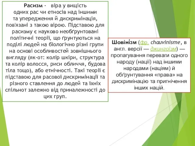 Расизм - віра у вищість одних рас чи етносів над іншими