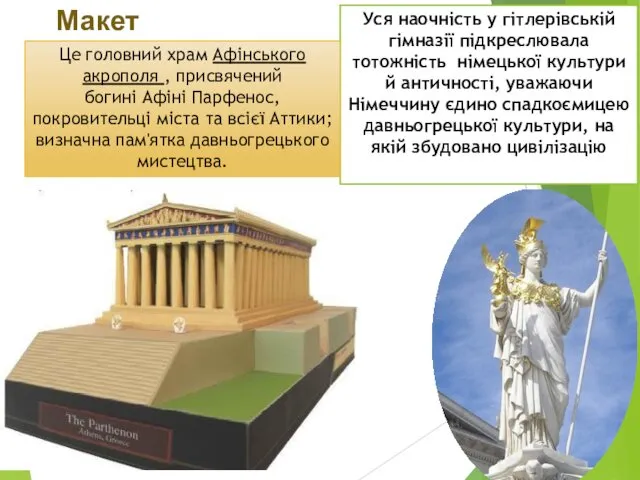 Макет Парфенона Уся наочність у гітлерівській гімназії підкреслювала тотожність німецької культури