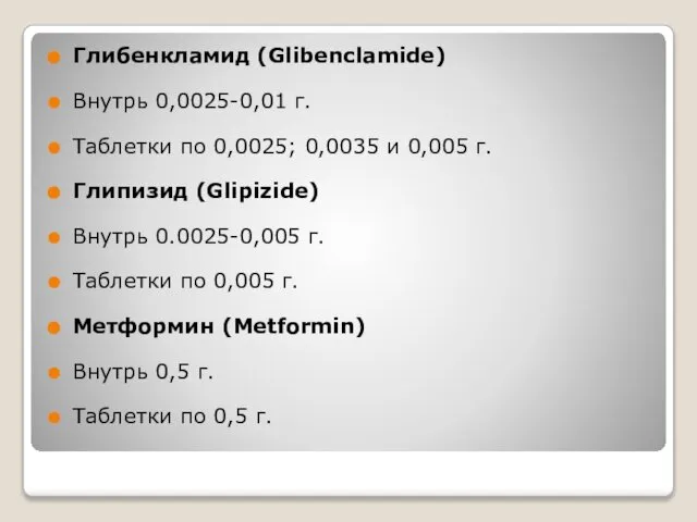Глибенкламид (Glibenclamide) Внутрь 0,0025-0,01 г. Таблетки по 0,0025; 0,0035 и 0,005