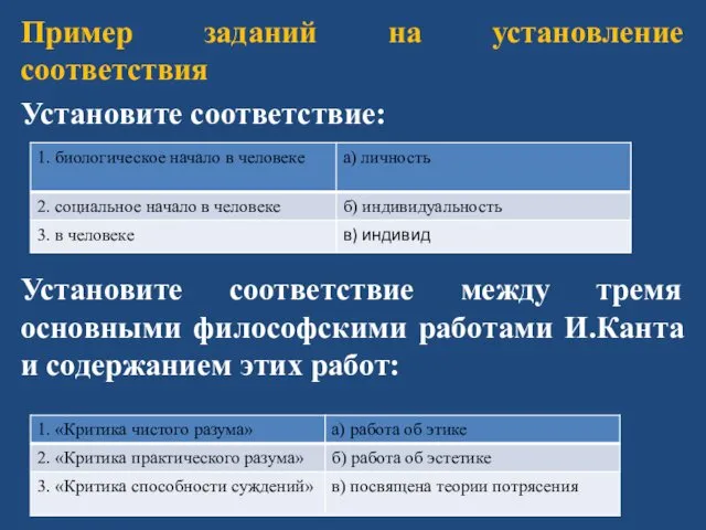 Пример заданий на установление соответствия Установите соответствие: Установите соответствие между тремя