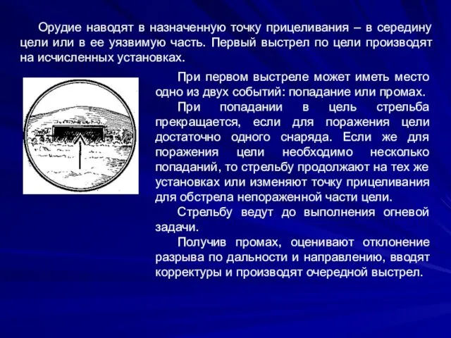 Орудие наводят в назначенную точку прицеливания – в середину цели или