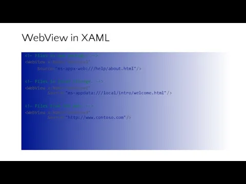 WebView in XAML Source="ms-appx-web:///help/about.html"/>