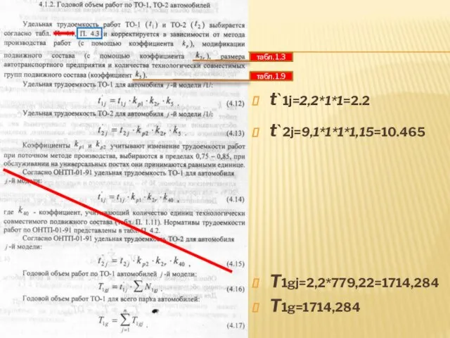 t`1j=2,2*1*1=2.2 t`2j=9,1*1*1*1,15=10.465 T1gj=2,2*779,22=1714,284 T1g=1714,284 табл. 1.3 табл. 1.9