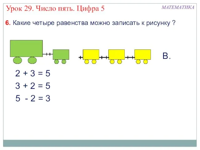 МАТЕМАТИКА Урок 29. Число пять. Цифра 5 6. Какие четыре равенства