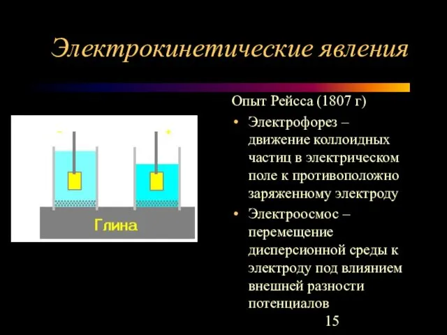 Электрокинетические явления Опыт Рейсса (1807 г) Электрофорез – движение коллоидных частиц