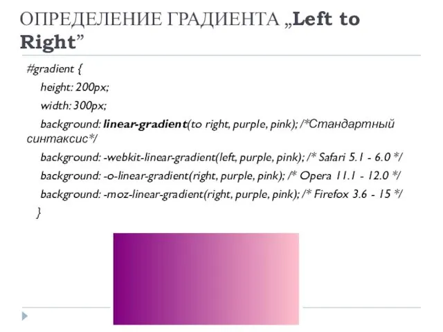ОПРЕДЕЛЕНИЕ ГРАДИЕНТА „Left to Right” #gradient { height: 200px; width: 300px;