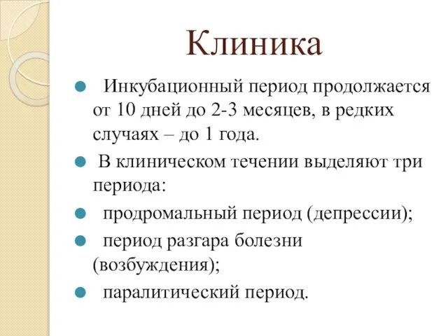 Клиника Инкубационный период продолжается от 10 дней до 2-3 месяцев, в