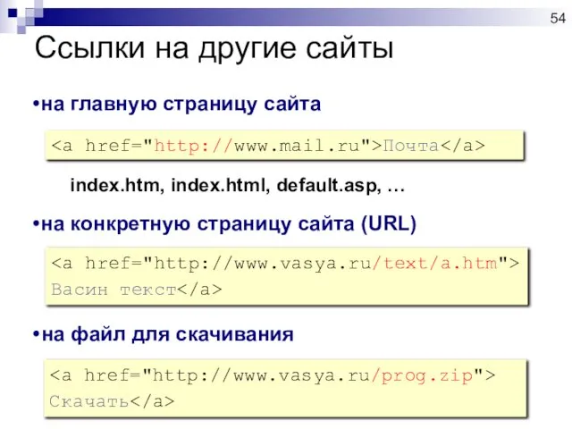 Ссылки на другие сайты Почта на главную страницу сайта index.htm, index.html,