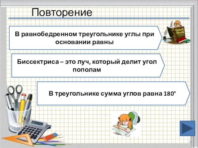 Повторение В равнобедренном треугольнике углы при основании равны Биссектриса – это