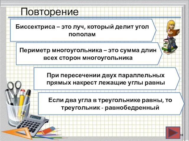 Повторение Биссектриса – это луч, который делит угол пополам Периметр многоугольника