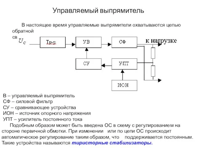 Управляемый выпрямитель В настоящее время управляемые выпрямители охватываются цепью обратной связи