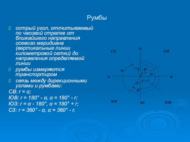 Румбы острый угол, отсчитываемый по часовой стрелке от ближайшего направления осевого