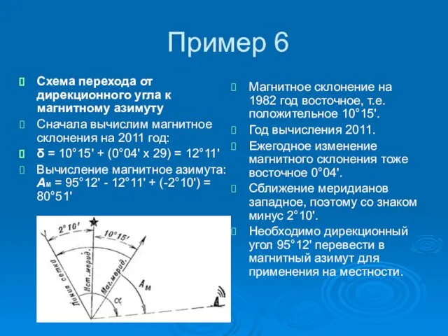 Пример 6 Схема перехода от дирекционного угла к магнитному азимуту Сначала