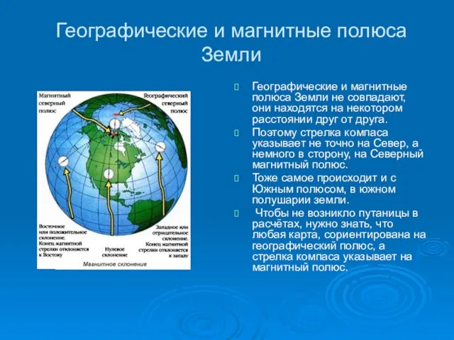 Географические и магнитные полюса Земли Географические и магнитные полюса Земли не