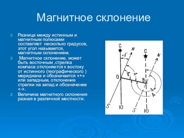 Магнитное склонение Разница между истинным и магнитным полюсами составляет несколько градусов,