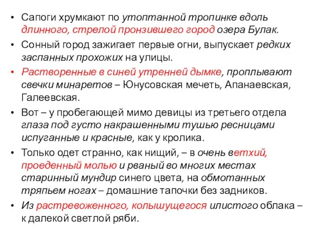 Сапоги хрумкают по утоптанной тропинке вдоль длинного, стрелой пронзившего город озера