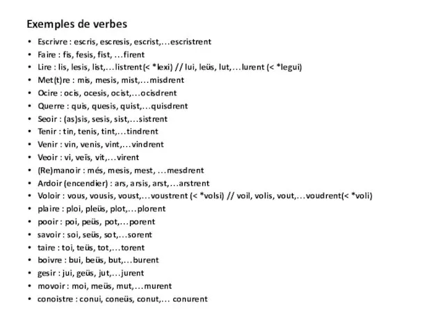 Exemples de verbes Escrivre : escris, escresis, escrist,…escristrent Faire : fis,