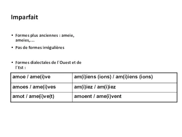 Imparfait Formes plus anciennes : ameie, ameies,… Pas de formes irrégulières