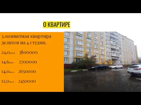 О КВАРТИРЕ 3х комнатная квартира делится на 4 студии. 24,0кв.м -