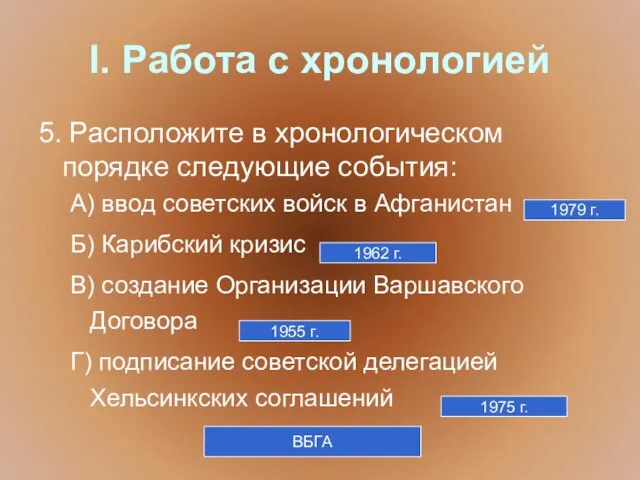 I. Работа с хронологией 5. Расположите в хронологическом порядке следующие события: