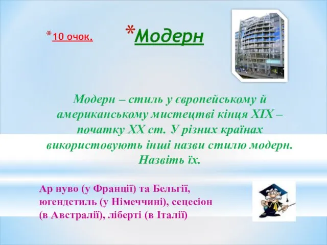 Модерн 10 очок. Модерн – стиль у європейському й американському мистецтві