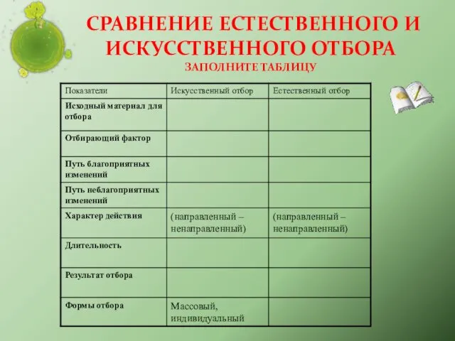 СРАВНЕНИЕ ЕСТЕСТВЕННОГО И ИСКУССТВЕННОГО ОТБОРА ЗАПОЛНИТЕ ТАБЛИЦУ