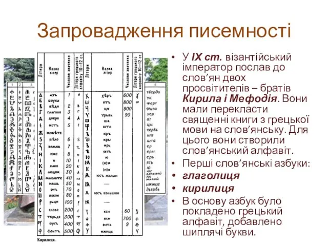 Запровадження писемності У ІХ ст. візантійський імператор послав до слов’ян двох