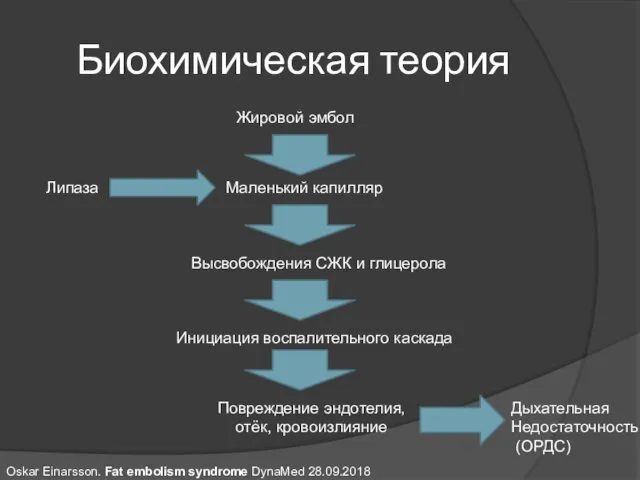 Биохимическая теория Жировой эмбол Маленький капилляр Липаза Высвобождения СЖК и глицерола