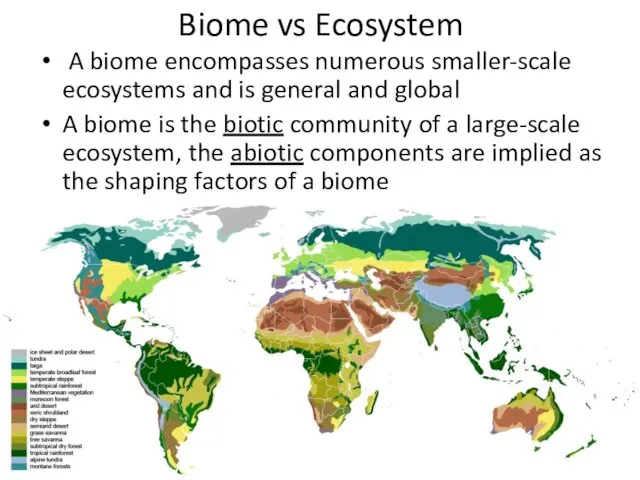 Biome vs Ecosystem A biome encompasses numerous smaller-scale ecosystems and is