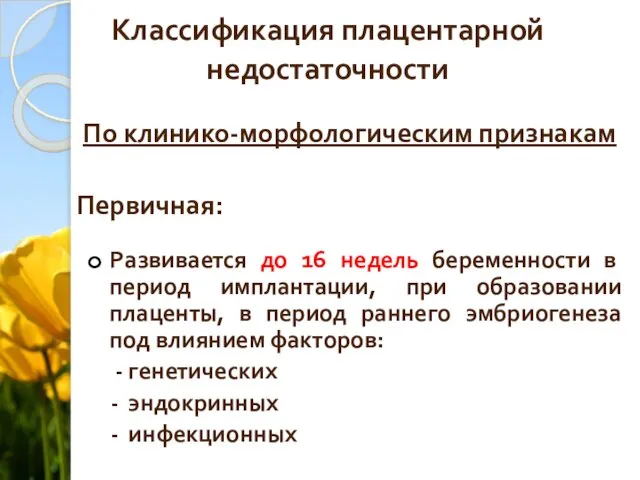 Классификация плацентарной недостаточности По клинико-морфологическим признакам Первичная: Развивается до 16 недель