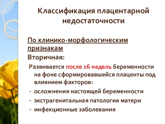 Классификация плацентарной недостаточности По клинико-морфологическим признакам Вторичная: Развивается после 16 недель